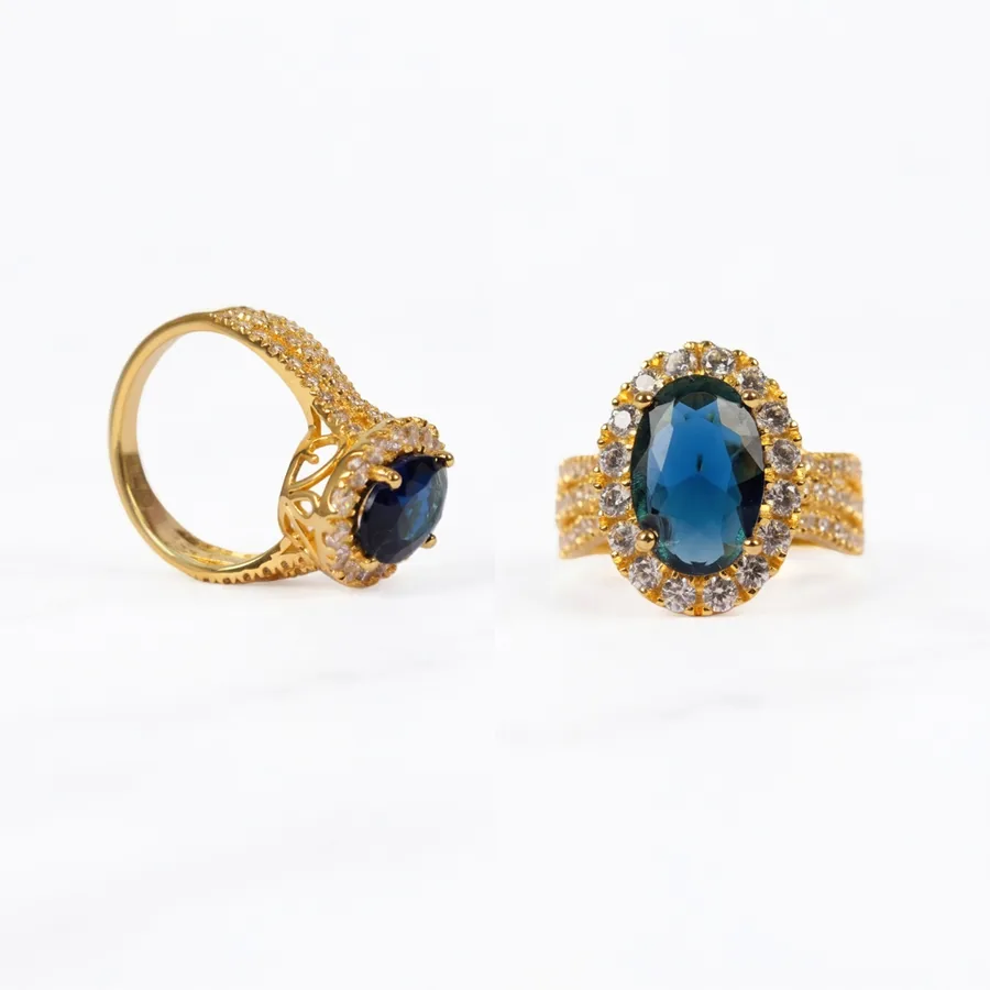 MEORA blue stone halo silver ring by Silver Oaks